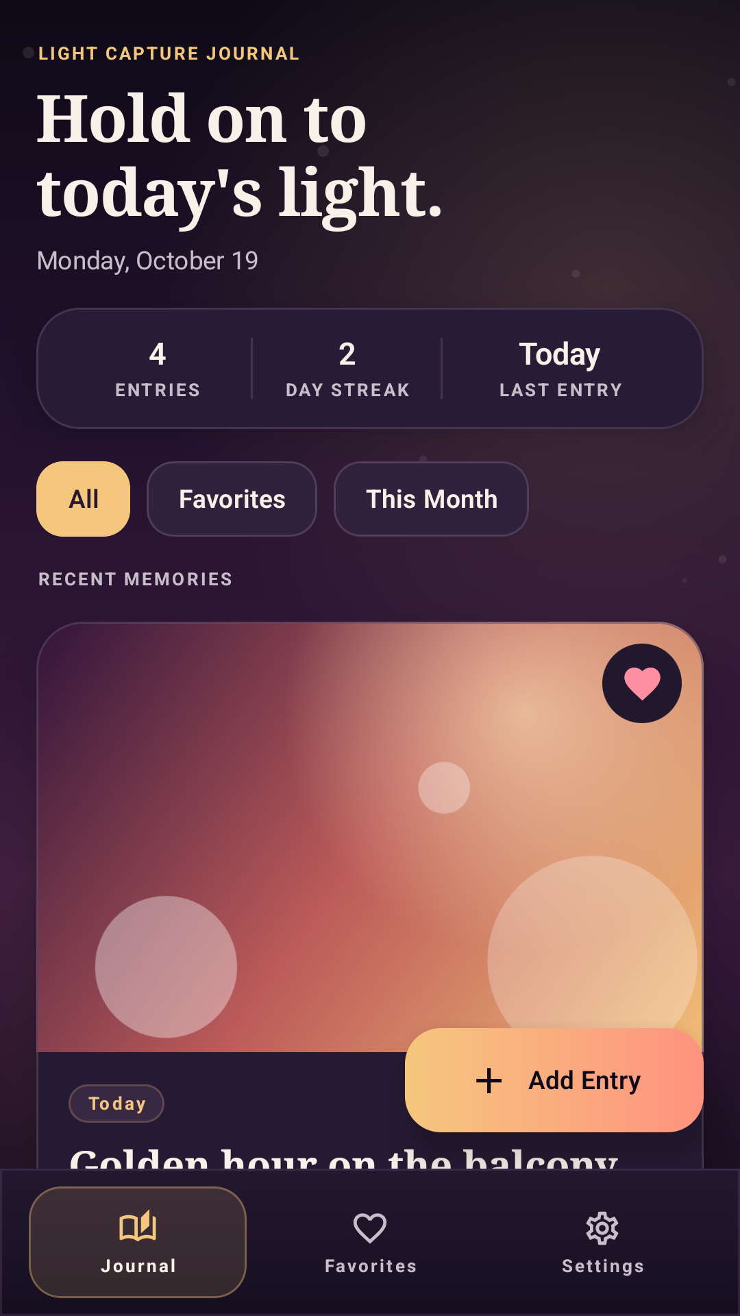Light Capture Journal memory dashboard